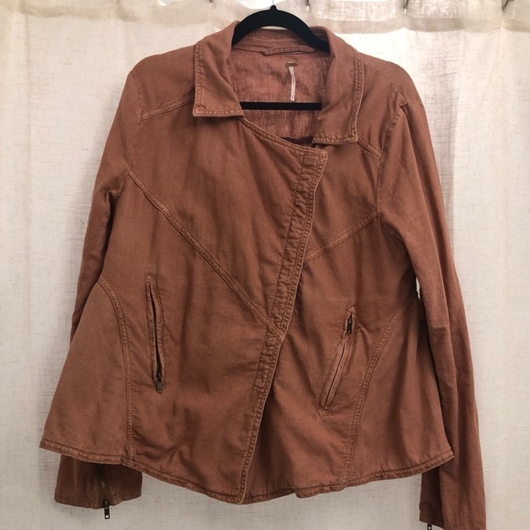 FREE PEOPLE LINEN ROSEWOOD LIGHT WEIGHT MOTO JACKET SIZE LARGE BOHO FESTIVAL - Picture 12 of 12